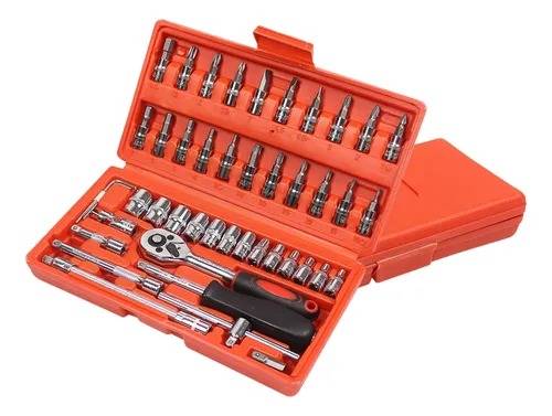 Kit completo de 46 chaves e soquetes com catraca reversivel dentro de uma maleta laranja aberta