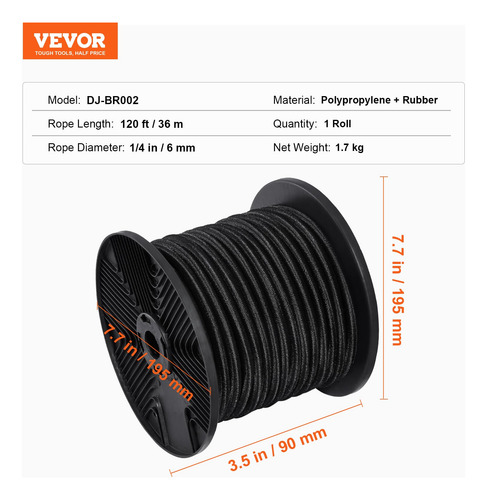 Cuerda Elástica Bungee Cord Roll Vevor De 1/4 Pulgadas X 120