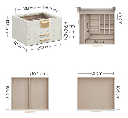 Caja Joyero De 3 Niveles Songmics Con 2 Cajones Color Blanco Nube Dorado