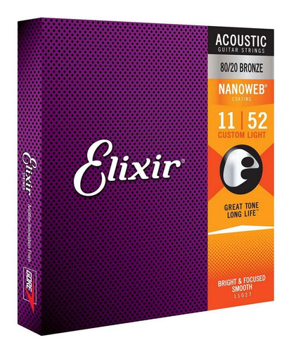 Cuerdas Elixir Nanoweb 80/20 Bronze 11-52 Para Acústica 