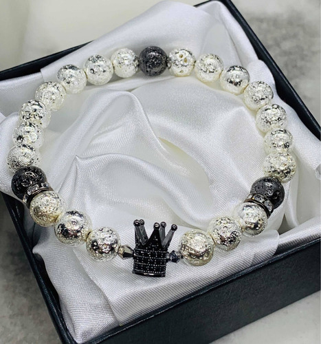 Pulsera Corona Piedra Volcánica & Hematita Cristales Zirconia Austriaco Color Modelo 3 Diámetro 18 Cm