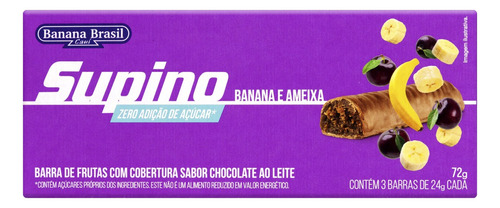 Pack Barra de Frutas Banana e Ameixa Cobertura Chocolate ao Leite Supino Caixa 72g 3 Unidades