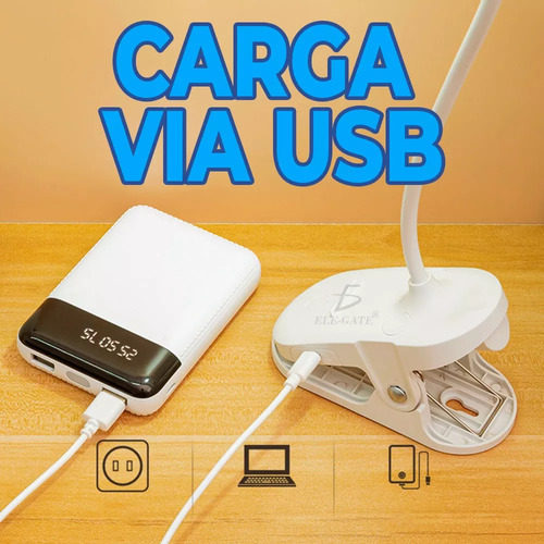 Lámpara Clip Escritorio Led Flexible Batería Recargable Usb Estructura Blanco