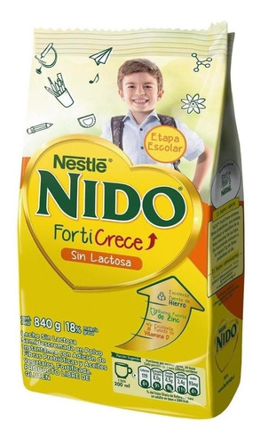 Leche de fórmula en polvo Nestlé Nido Forticrece sin Lactosa en bolsa de 1 de 840g