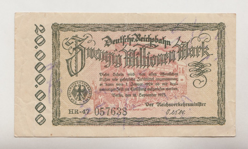 Billete Alemania 20 Millones 1923 Ferrocarril Alemán (c85)