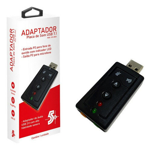 Adaptador Placa De Som Usb 7.1 2 Entrada P2 Fone E Microfone