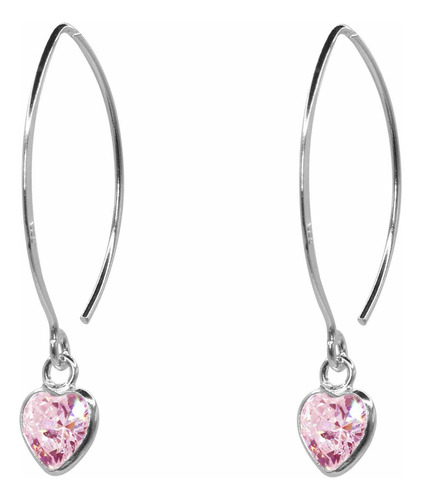 Aros De Plata 925 Largos Con Corazón De Circones Rosa