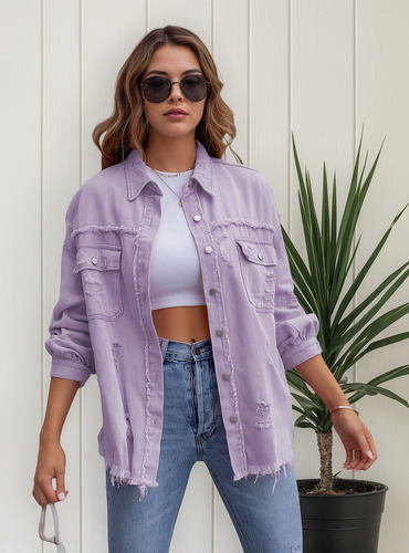 Chaqueta Oversize De Jeans Rasgada Y Gastada Para Mujer