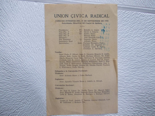 7065- Volante U. C. R. Comicios Internos Año 1932 Quilmes