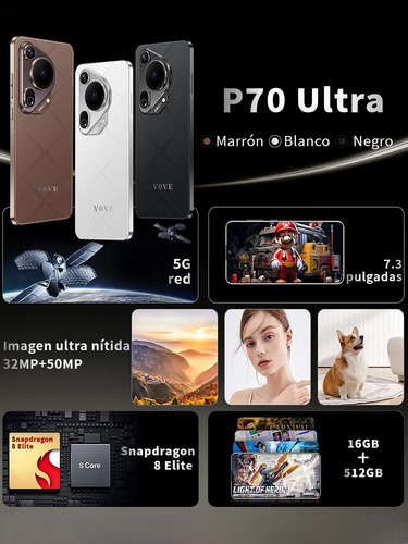 2025 Más Vendido Celulares Soporta 5g Wifi Vove P70 Ultra Dual Sim Smartphone Ram 16+512gb Batería 8000mah Pantalla 7.3 Android 14 Más Barato Celular Marrón