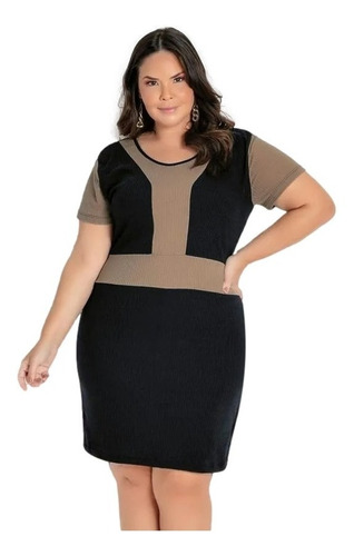 Vestido Feminino Plus Size Malha Canelada Manga Curta Casual