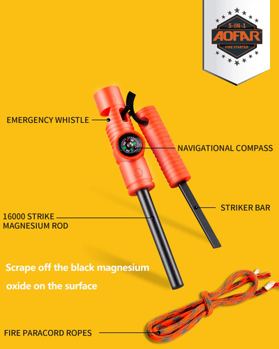 Aofar Fire Starter Af-381 Fire Steel 5 En 1 Para Camping, Se