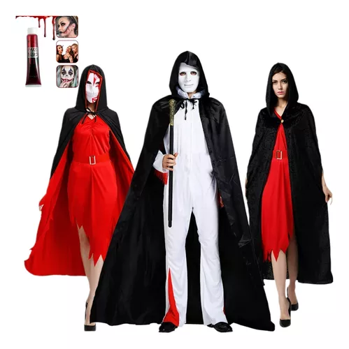 Kit Capa Drácula Vampiro Bruxa Adulto Maquiagem + Sangue