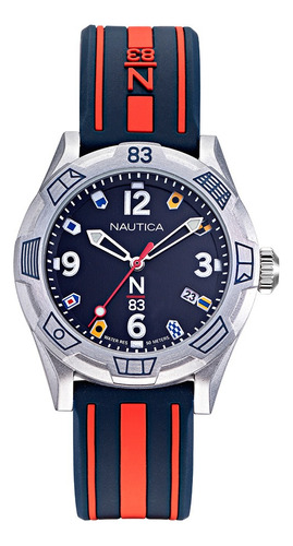 Reloj Nautica Nappof910 Para Hombre Malla Azul/naranja Bisel Plateado Fondo Azul
