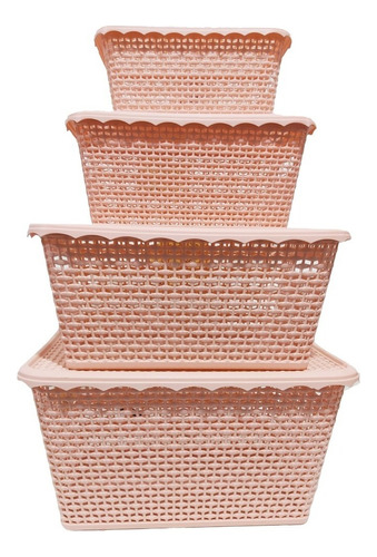 Canasto Organizador Plastico Tapa Cesto Set X 4 Sheshu Home Color Rosa