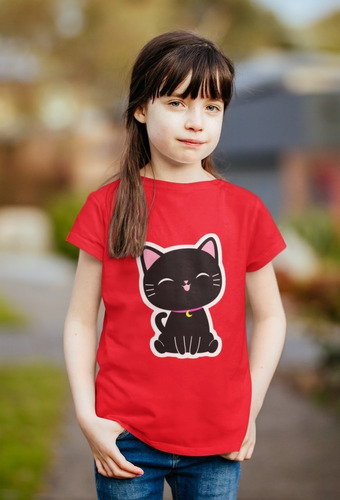 Polera Niña Gatito Lindo Cat Negro Estampada Algodon