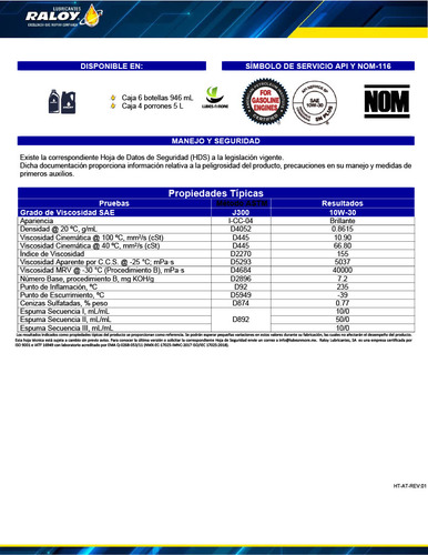 Aceite Motor Sintético Raloy Syntec Platinum 10w30 Sp Gf6 3l