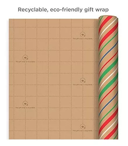 Hallmark Recyclable Christmas Wrapping Paper for Kids with Cut Lines on Reverse (4 Rolls: 88 Sq ft ttl) Kraft Brown with Christmas Lights Deer Snowfla