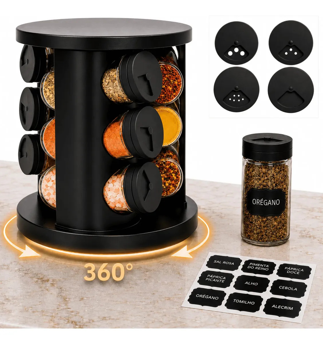 Porta Temperos Condimentos 9 Potes De Vidro Base Giratória 360° 9 Etiquetas Adesiva Organizador Cozinha Dosador Suporte Bancada Mesa Orégano Sal Páprica Pimenta Indue Variedades
