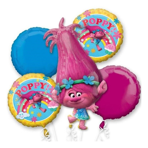 Ramillete Globos Poppy Trolls Arcoiris Fiesta Jumbo Bqt 5pz