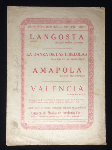 Bogota Partitura Antigua Langosta Tango  Alm H. Conti