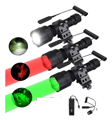 Linterna Caza - Tactica 800 Mts / 4colores / Hiking Outdoor Linterna Negro Luz Amarillo Rojo Verde Blanco