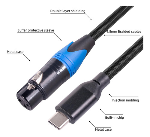 Rexus Usb C Cable De Micrófono Femenino Macho A Xlr 66 Tipo