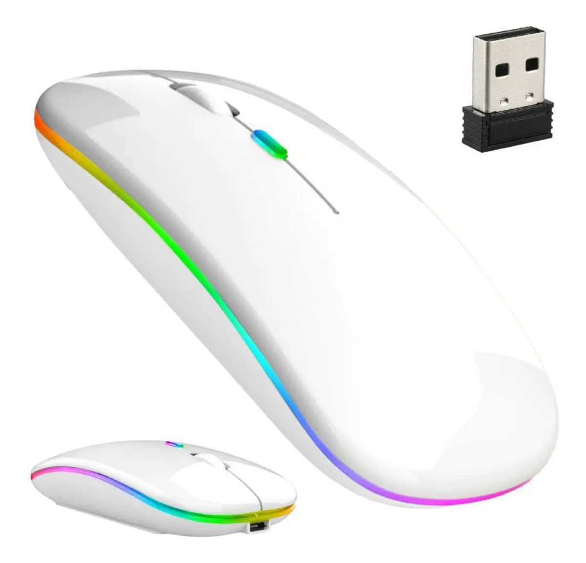 Mouse Sem Fio Recarregável LED RGB Branco 1600 DPI