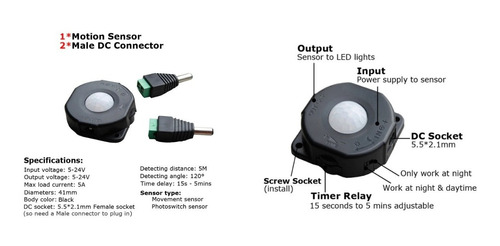 Sensor Pir Inpt Output 12 A 24vdc, Control Dia Noche, 15s 5m