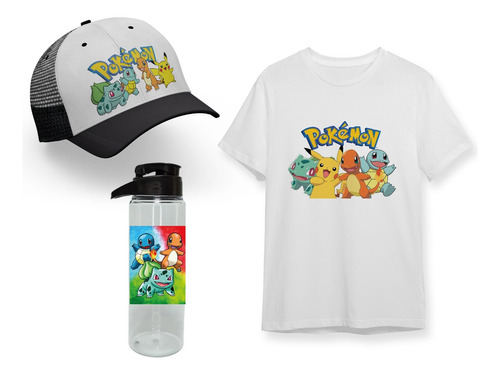 Pack Negro Remera + Botella + Pokemon Pikachu Charmander