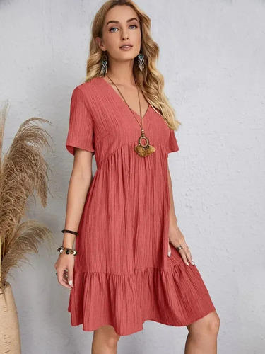Vestido Midi De Manga Corta Con Cuello En V Para Mujer