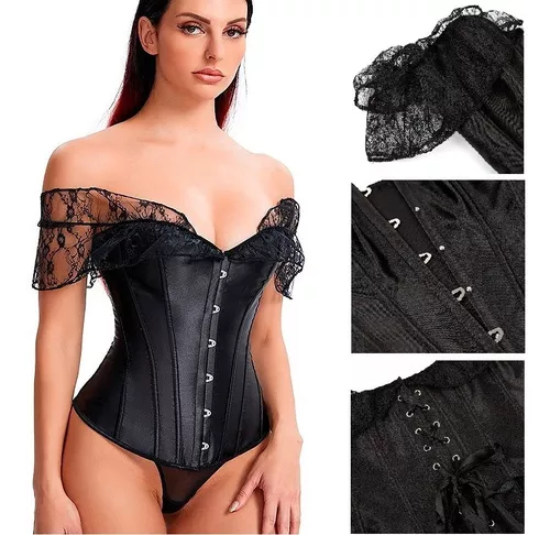 Corset Corselet Espartilho Manga Renda Festa Preto M649