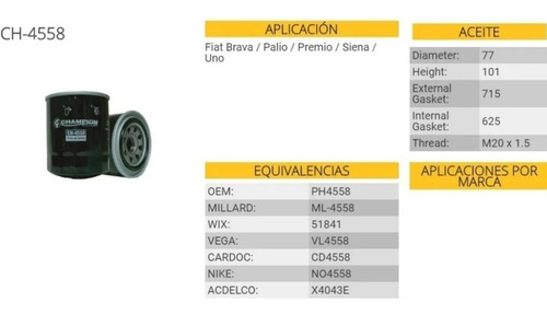 Imagen 3 de 3 de Filtro De Aceite Ch-4558 Fiat Uno Fiorino Palio Siena Forza