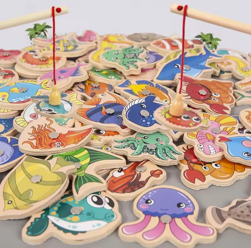 Juego De Pesca Milagrosa 2 Cañas Magneticas Madera 31 Peces