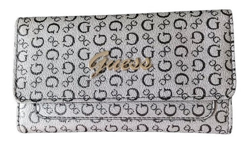 Billetera Mujer Guess Gris Con Negra Logo Clásico Original 