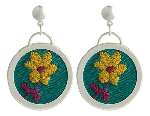 Aretes De Plata De Tenango Flor Amarilla Fondo Verde Color Plateado