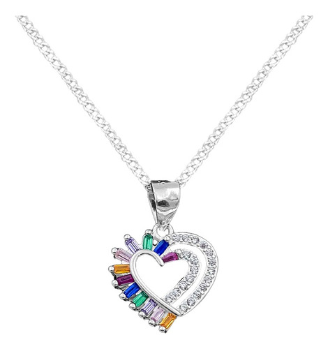 Dije Y Cadena Corazon Arcoiris Zirconia Plata 925 Envio Grat