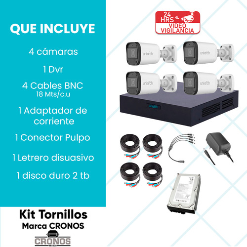 Uniarch Kit De Seguridad Kit-104f-plus-cc-2tb 4 Cámaras Análogas Alta Definición Bullet 1080p 2mp + Hdd 2 Tb Protección Exterior Ip67 Máxima Seguridad Fácil Instalación 104f Cctv