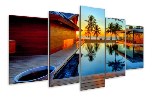 Quadro 5 Peças Mosaico Mar Por Sol Piscina Praia 07