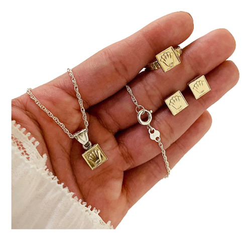 Conjunto Corona Cadena, Dije, Anillo Y Aros Kit 081-2