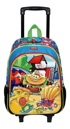 Mochila Infantil Escolar Grande Comidas Rodinhas Sestini Cor Amarelo Desenho do tecido Comidas Sestini