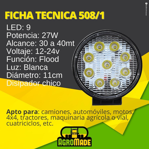 Imagen 2 de 10 de Faro Led 9 Auxiliar Redondo 27w Camión Agro 4x4