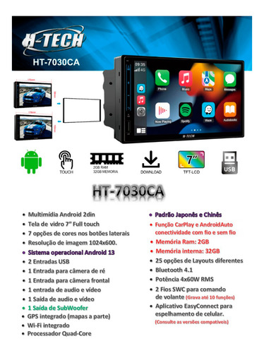 Multimidia Android 7 Pol Carplay Ht-7030ca 2gb + 32gb Jp/ch