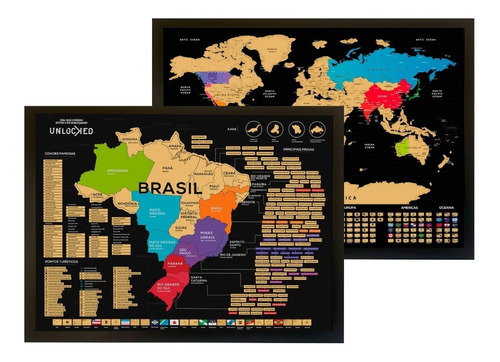 Dia Dos Pais | Combo Mapa Brasil + Mundi De Raspar C/moldura