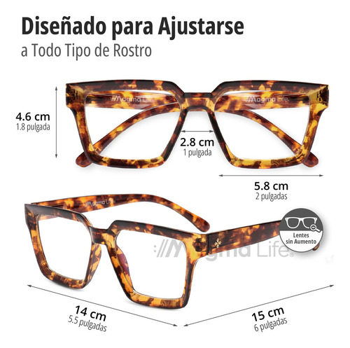 Set de 2 Lentes Para Computadora Magma Life con Filtro Antiluz Azul y Protección UV400 Ligeros, Resistentes, Sin Aumento, Incluye 2 Estuches Elegantes, diseño cuadrado ideal para todo tipo de rostro