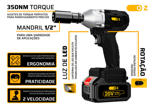 Combo Furadeira Parafusadeira Sem Fio 12V 3/8" Oz + Chave Impacto A Bateria 21V 4000mAh Com Maleta e Carregador 110v/220v Oz