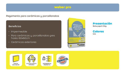 Pegamento Cerámicas Y Porcelanato Weber Pro X 25kg