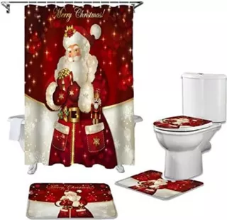 Perdecor Shower Curtain Rugs Set Bathroom, Santa Claus Merry