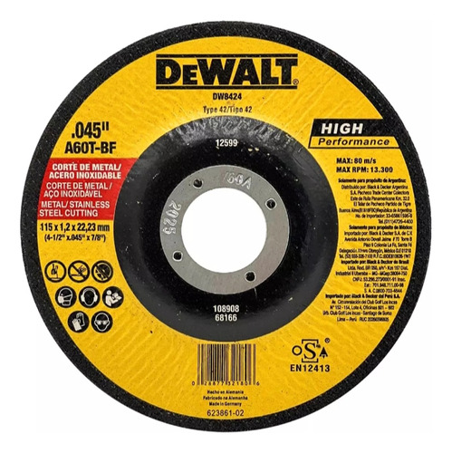 Disco Corte Metal Dewalt 4 1/2 