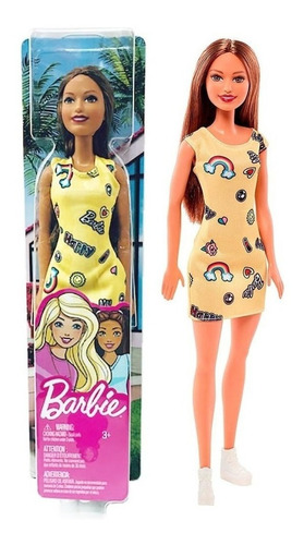 Muñeca  Barbie Mattel Morocha Vestido Amarillo Nueva Juguete